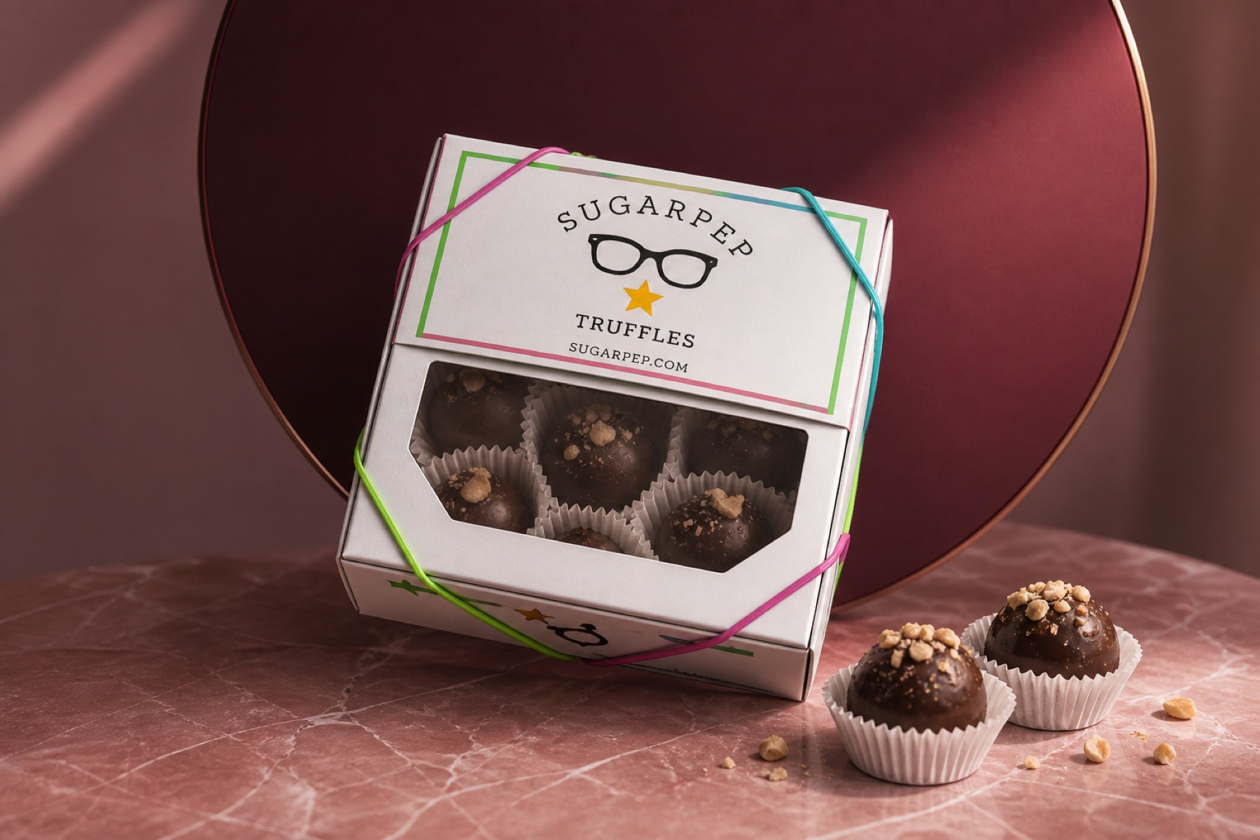 White Sugarpep window box with colorful bands and the glasses-and-star logo